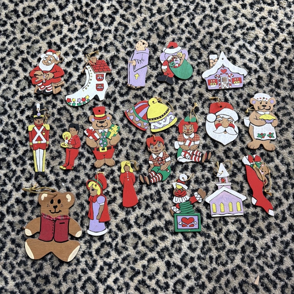 Lot 19 VTG Hand Painted‎ Wooden Christmas Ornaments Santa Teddy Soldier Elf Mix